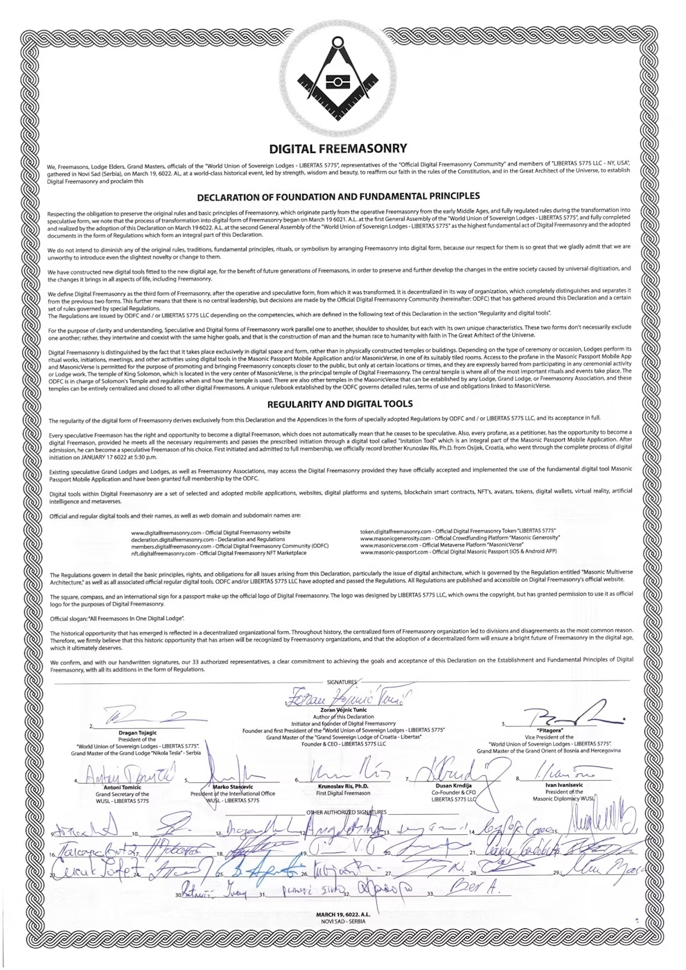 Original signed Declaration of Foundation and Fundamental Principles of Digital Freemasonry
